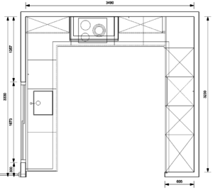 Plano de una cocina en U, en la que se aprecia el fregadero a la izquierda, los fuegos en el centro y toda una pared de armarios a la derecha