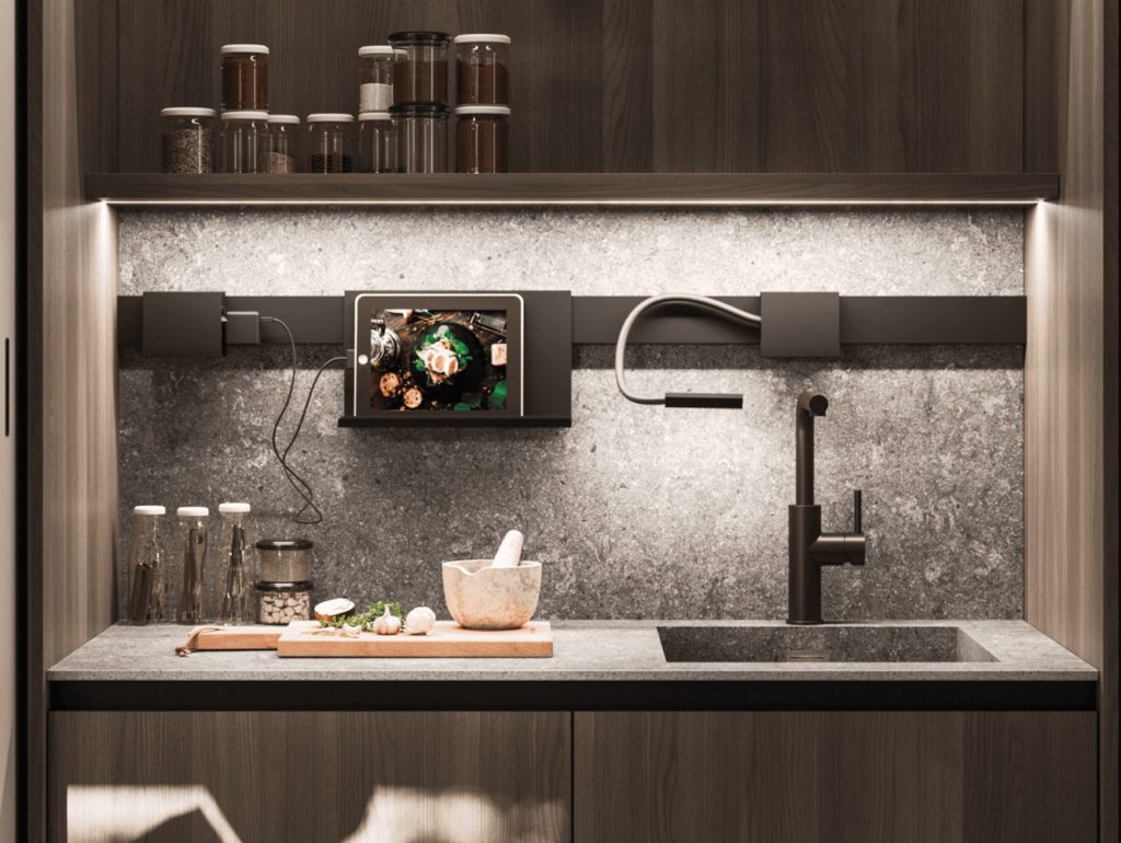 Armario escamoteable de cocina con cafetera y encimera interior