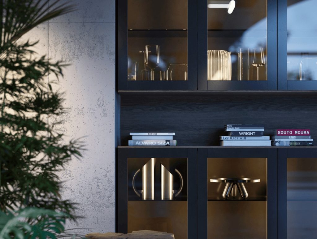 Vitrina decorativa de cocina con estantes iluminados