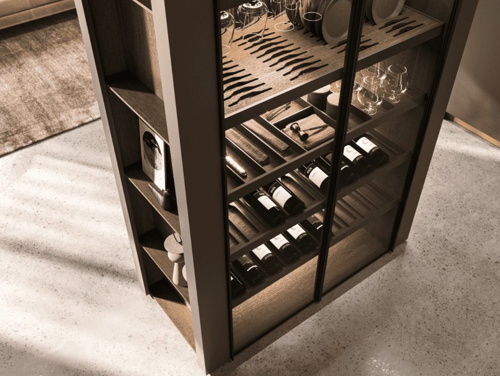 Vitrina esquinera de cocina con botellero